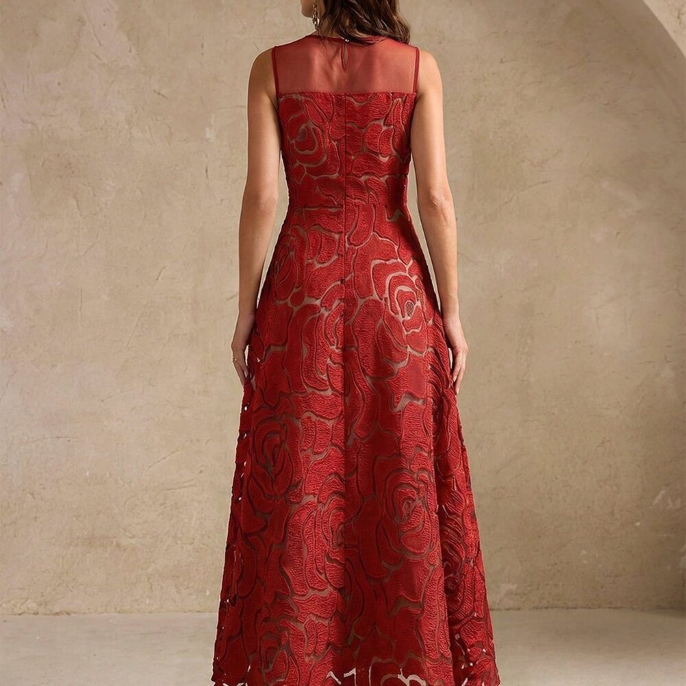 Burgundy Elegant Women's Lace Sleeveless Cut-Flower Embroidered Tulle Dress - Picture 2 of 5